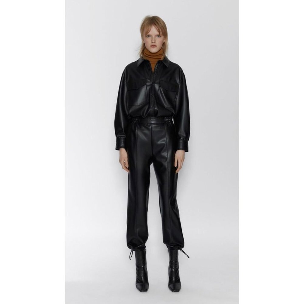 Zara Faux Leather High Waist Jogging Pants Black Women XS‎
